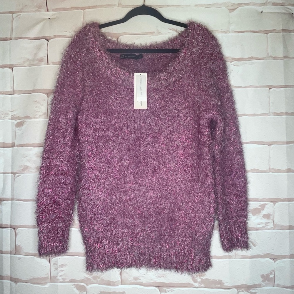 NWT New York & Co Sz M Purple Metallic Fuzzy Sweater Long Sleeve Wide Scoop